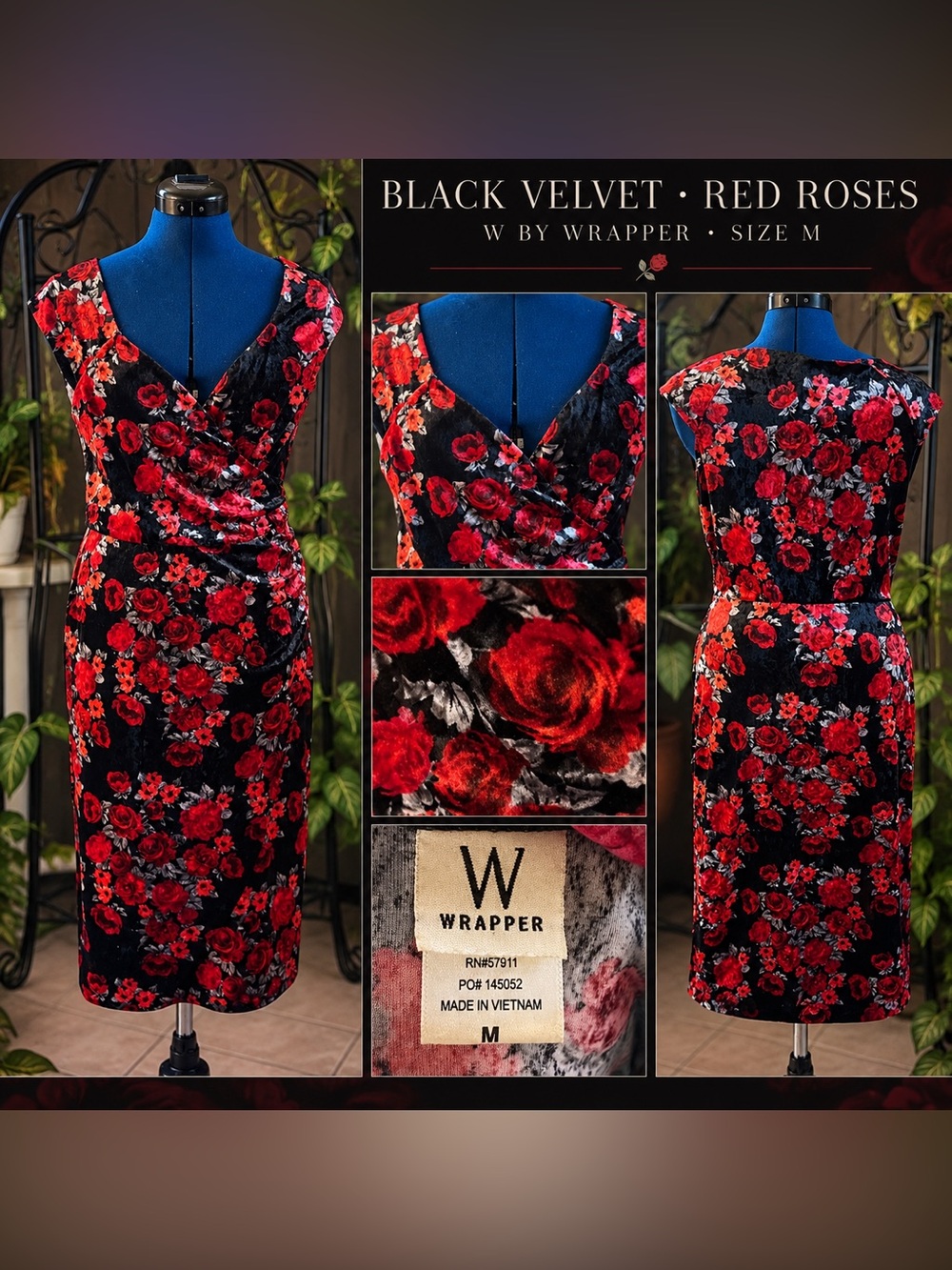 Wrapper Black Velvet Midi Dress with Red Rose Floral Print